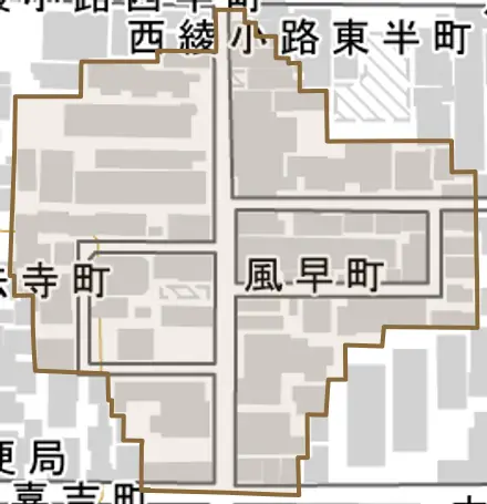 風早町とその周辺の地図。町の範囲を重ねている
