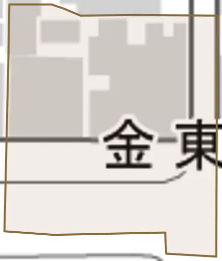 金東横町とその周辺の地図。町の範囲を重ねている