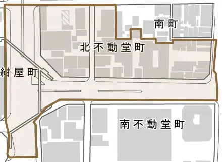 北不動堂町とその周辺の地図。町の範囲を重ねている