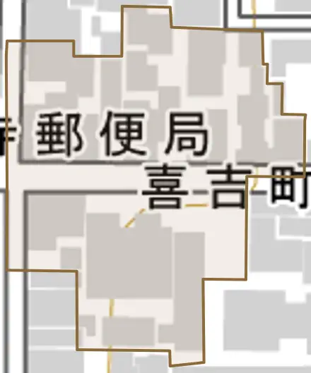 喜吉町とその周辺の地図。町の範囲を重ねている