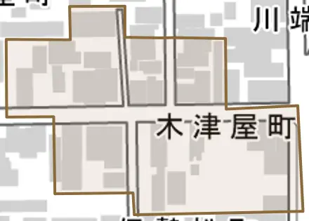 木津屋町とその周辺の地図。町の範囲を重ねている