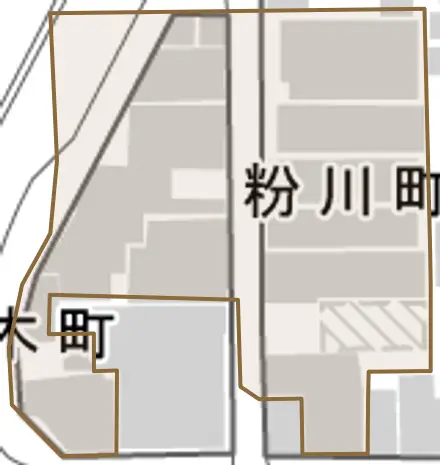 粉川町とその周辺の地図。町の範囲を重ねている