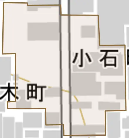 小石町とその周辺の地図。町の範囲を重ねている