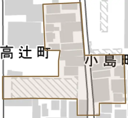 小島町とその周辺の地図。町の範囲を重ねている