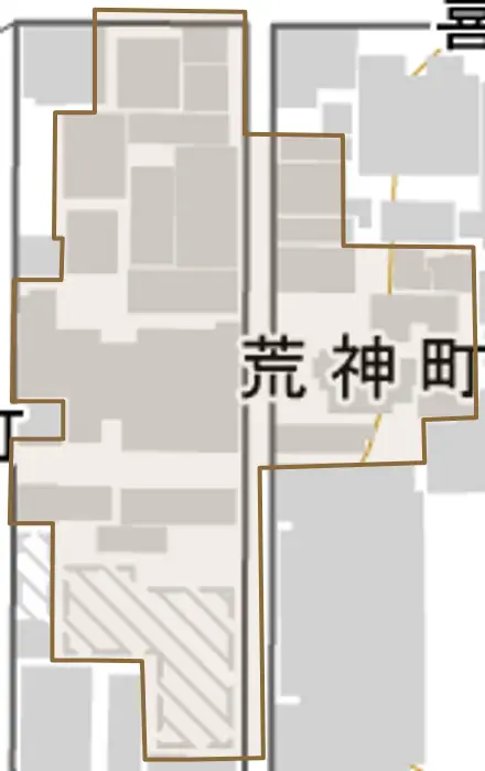 荒神町とその周辺の地図。町の範囲を重ねている