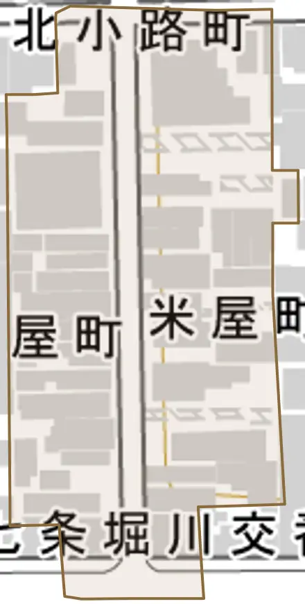 米屋町とその周辺の地図。町の範囲を重ねている