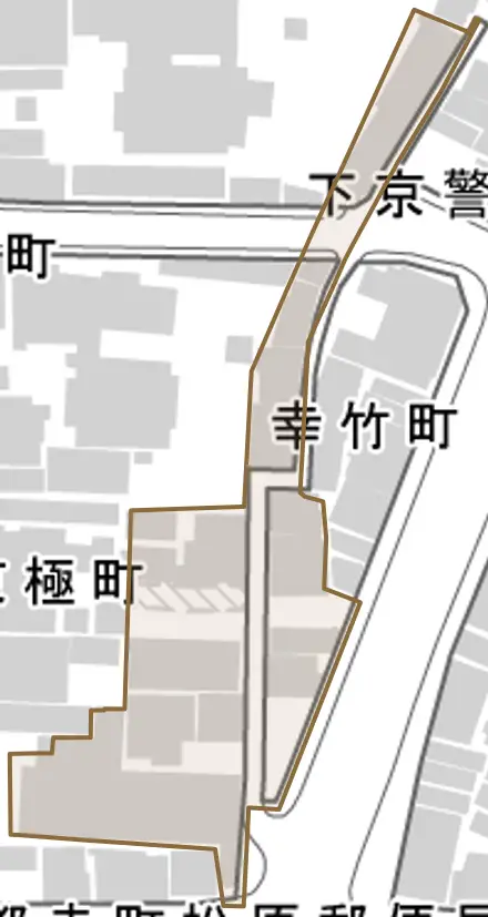 幸竹町とその周辺の地図。町の範囲を重ねている