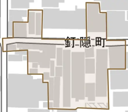 釘隠町とその周辺の地図。町の範囲を重ねている