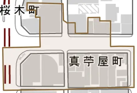 真苧屋町とその周辺の地図。町の範囲を重ねている