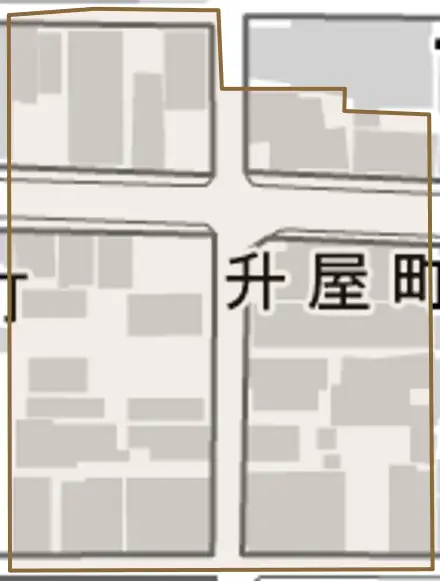 升屋町とその周辺の地図。町の範囲を重ねている