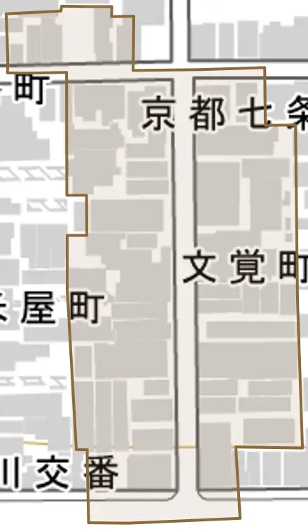 文覚町とその周辺の地図。町の範囲を重ねている