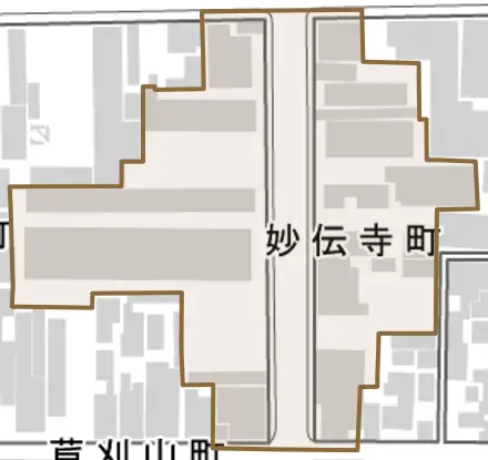 妙伝寺町とその周辺の地図。町の範囲を重ねている