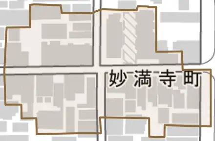 妙満寺町とその周辺の地図。町の範囲を重ねている