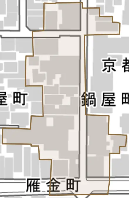 鍋屋町とその周辺の地図。町の範囲を重ねている