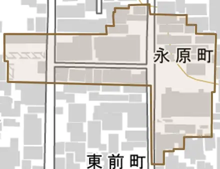 永原町とその周辺の地図。町の範囲を重ねている