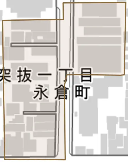 永倉町とその周辺の地図。町の範囲を重ねている