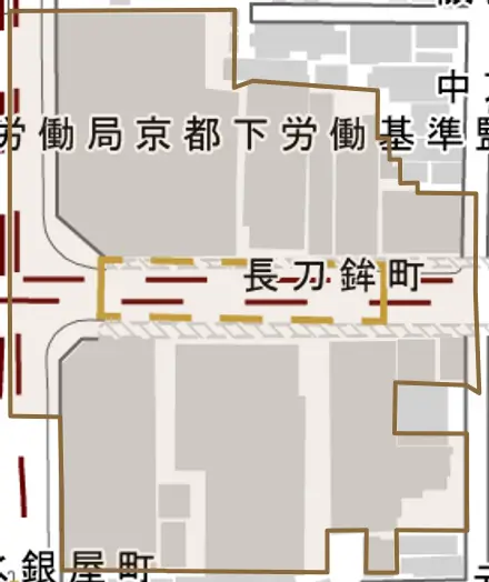 長刀鉾町とその周辺の地図。町の範囲を重ねている