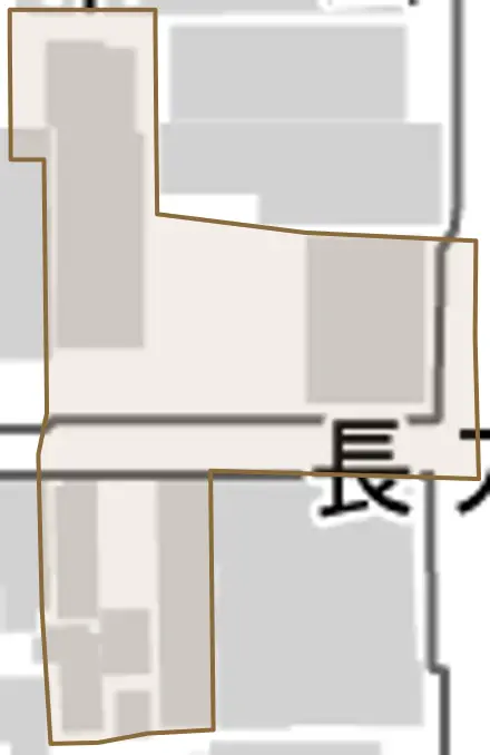 長刀切町とその周辺の地図。町の範囲を重ねている