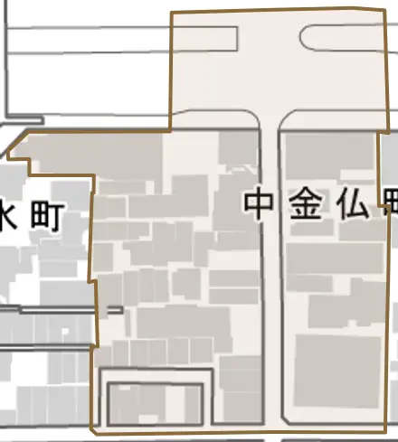 中金仏町とその周辺の地図。町の範囲を重ねている