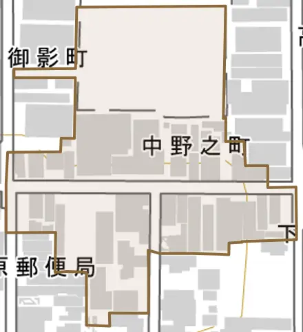 中野之町とその周辺の地図。町の範囲を重ねている