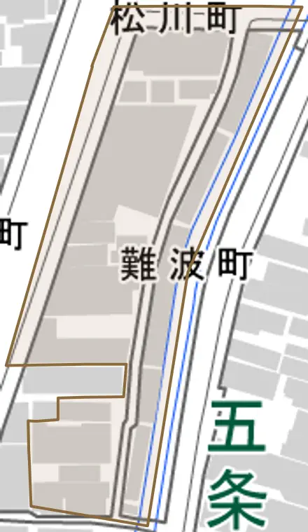 難波町とその周辺の地図。町の範囲を重ねている