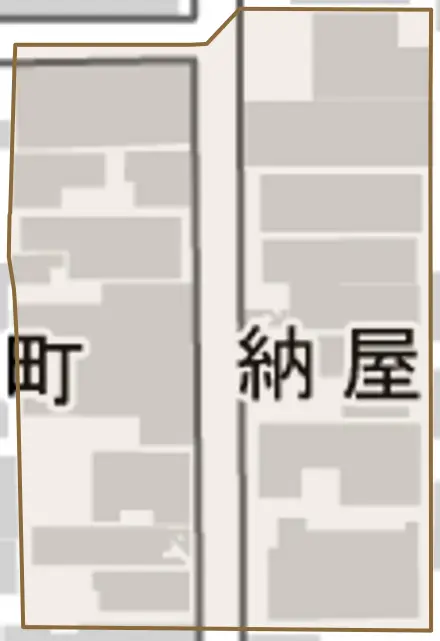 納屋町とその周辺の地図。町の範囲を重ねている
