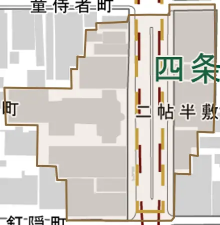 二帖半敷町とその周辺の地図。町の範囲を重ねている