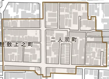二人司町とその周辺の地図。町の範囲を重ねている