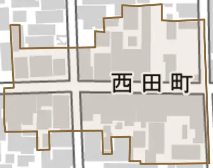 西田町とその周辺の地図。町の範囲を重ねている