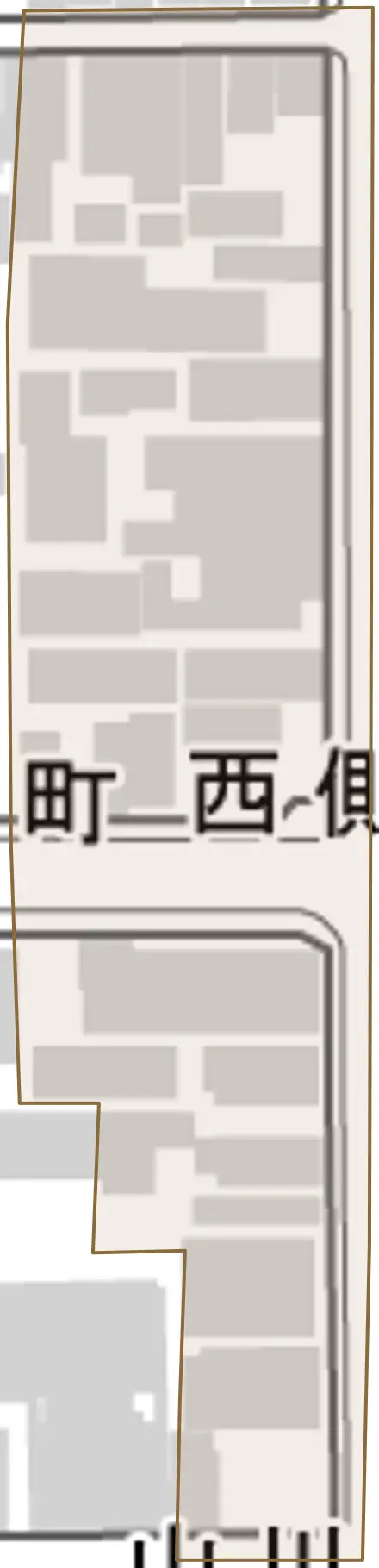 西側町とその周辺の地図。町の範囲を重ねている