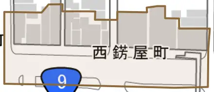 西錺屋町とその周辺の地図。町の範囲を重ねている
