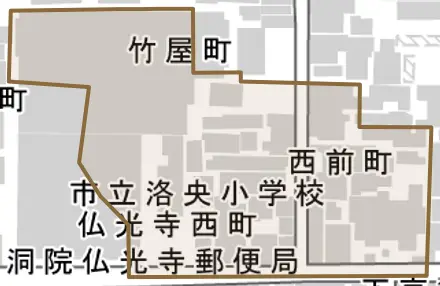 西前町とその周辺の地図。町の範囲を重ねている