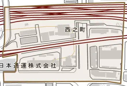 西之町とその周辺の地図。町の範囲を重ねている