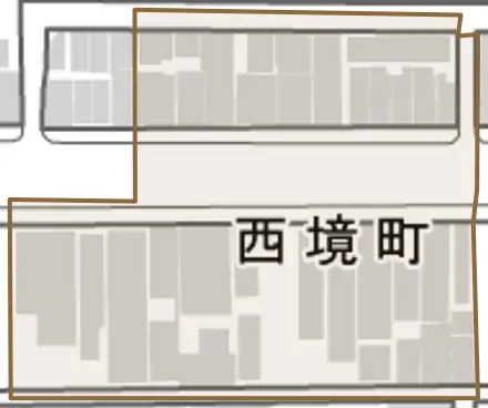 西境町とその周辺の地図。町の範囲を重ねている