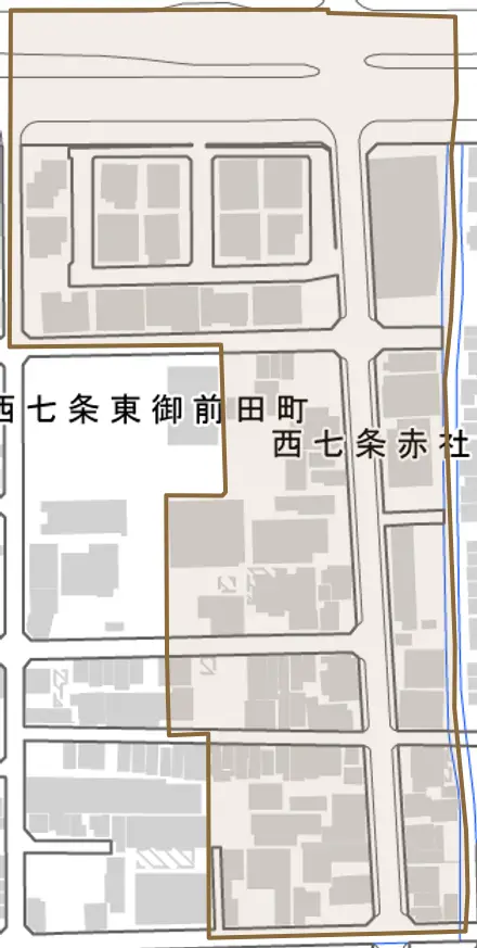 西七条赤社町とその周辺の地図。町の範囲を重ねている