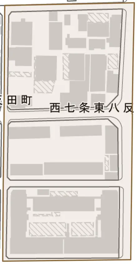 西七条東八反田町とその周辺の地図。町の範囲を重ねている