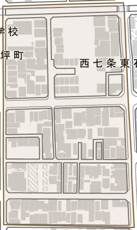 西七条東石ケ坪町とその周辺の地図。町の範囲を重ねている