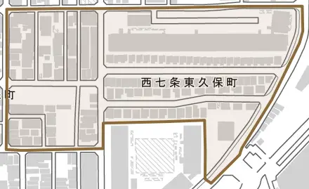 西七条東久保町とその周辺の地図。町の範囲を重ねている