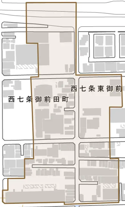 西七条東御前田町とその周辺の地図。町の範囲を重ねている