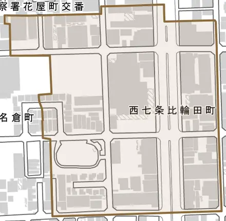 西七条比輪田町とその周辺の地図。町の範囲を重ねている