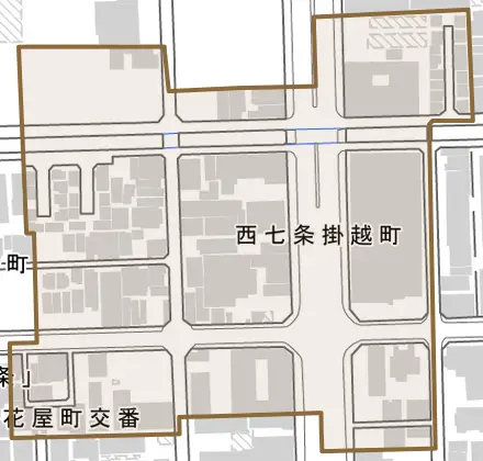 西七条掛越町とその周辺の地図。町の範囲を重ねている
