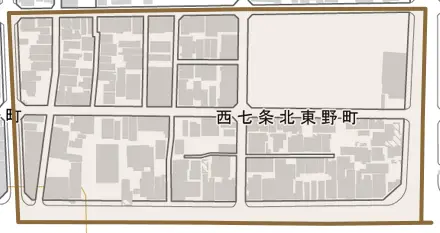 西七条北東野町とその周辺の地図。町の範囲を重ねている