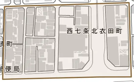 西七条北衣田町とその周辺の地図。町の範囲を重ねている