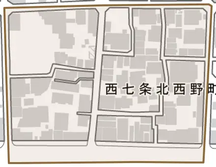 西七条北西野町とその周辺の地図。町の範囲を重ねている