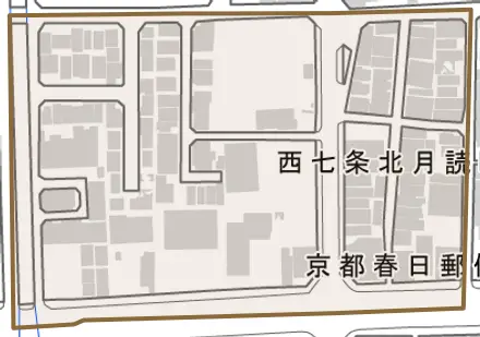 西七条北月読町とその周辺の地図。町の範囲を重ねている
