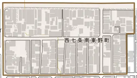 西七条南東野町とその周辺の地図。町の範囲を重ねている