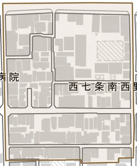 西七条南西野町とその周辺の地図。町の範囲を重ねている