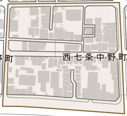 西七条中野町とその周辺の地図。町の範囲を重ねている