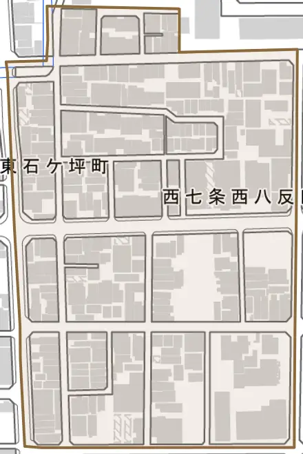 西七条西八反田町とその周辺の地図。町の範囲を重ねている