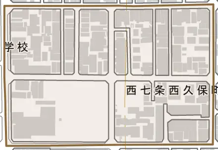 西七条西久保町とその周辺の地図。町の範囲を重ねている